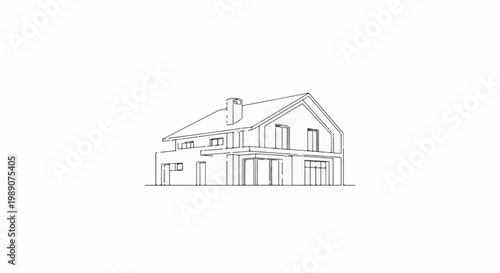 A minimalist line drawing of a modern two-story house with a pitched roof and chimney
