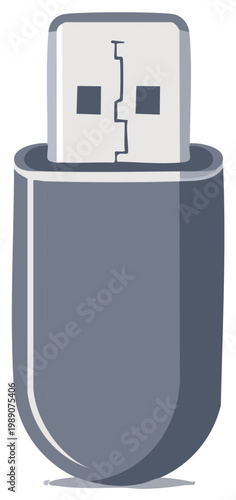 Stylized illustration of a gray USB flash drive for data storage and transfer, technology and device, portable memory