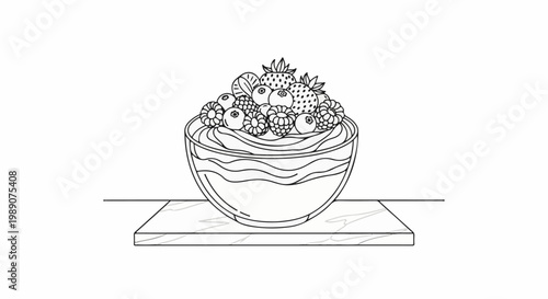 A line drawing of a bowl overflowing with assorted berries and cream on a marble slab