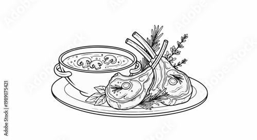 A plate of lamb chops and mushroom soup with herbs