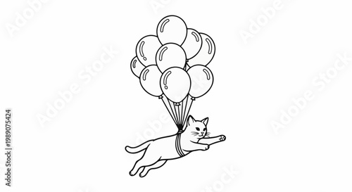 A playful cat with a harness floats upwards holding a bunch of balloons