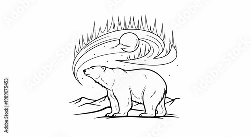 A polar bear stands beneath the aurora borealis and moon in this drawing