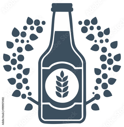 Dark Beer Bottle with Grain and Hops Symbol Design Graphic