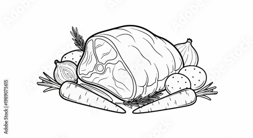 A raw meat roast with onions, carrots, potatoes, and rosemary