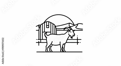 A line drawing of a goat standing in front of a barn with a sun and hills