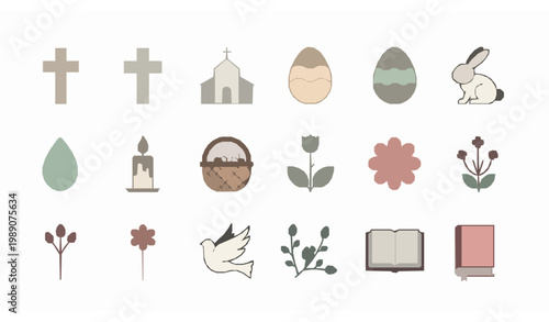 Easter day icon set religious symbols bunny egg cross spring vector illustration
