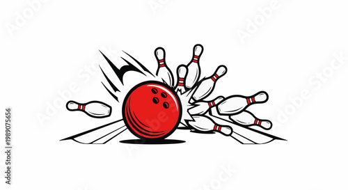 A red bowling ball strikes multiple pins in a dynamic, stylized explosion