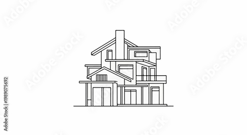 A modern, multi-level house design with a chimney and balconies