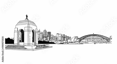 A monochrome sketch shows a cityscape with a memorial, skyscrapers, opera house, and bridge