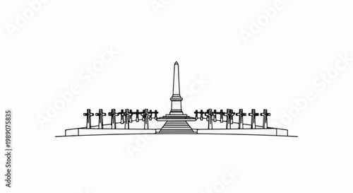 A monument with an obelisk on a stepped base is flanked by crosses