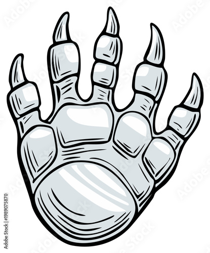 Frightening beast paw print illustration with long sharp claws and detailed pads