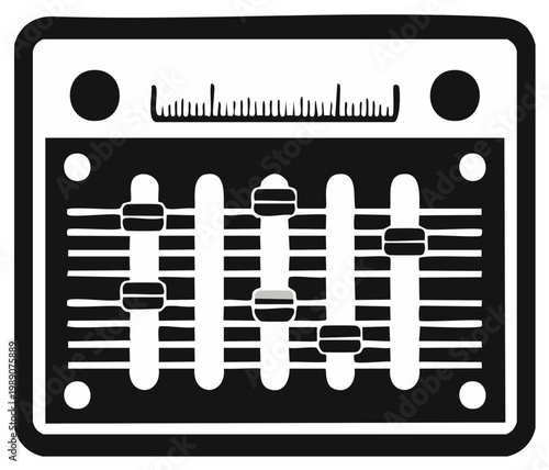 Graphic representation of an audio equalizer with sliders and volume knobs