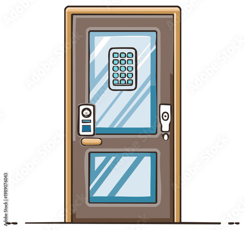 Office door with keypad and glass panels cartoon style, security entrance system access control