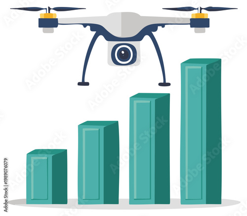 Drone surveillance over rising bar chart represents increasing growth metrics, economic indicators and business progress, flat illustration