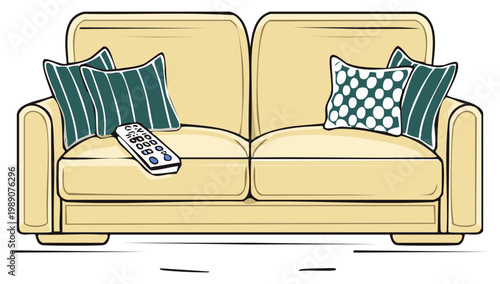 Comfortable Beige Sofa with Decorative Pillows and Remote Control