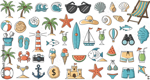 Colorful beach icons and symbols for summer vacation and travel