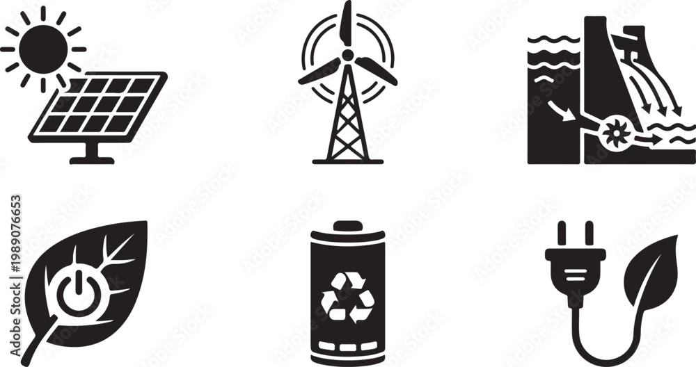 Fototapeta premium Renewable energy icons with sun wind hydro power leaf battery and plug Isolated on white background