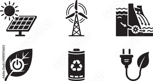 Renewable energy icons with sun wind hydro power leaf battery and plug Isolated on white background