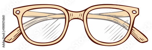 Classic eyeglasses with light beige frame and clear lenses hand drawn cartoon illustration