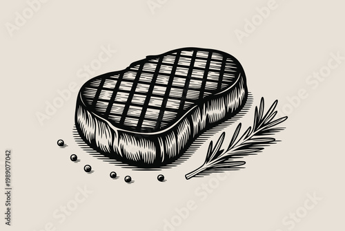 Grilled beef steak with rosemary sprig and peppercorns woodcut drawing.