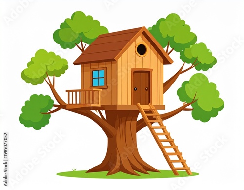 Stylized graphic combining a green tree with a brown trunk and a blue house integrated into its canopy.