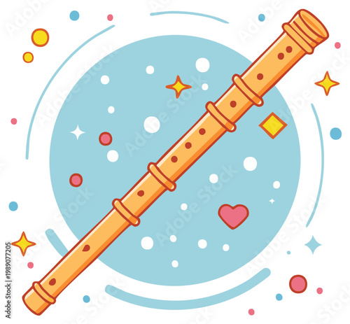 Cute cartoon wooden recorder flute illustration with magical stars and hearts