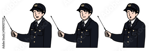 指示棒を持って解説をする警察官のベクターイラストセット