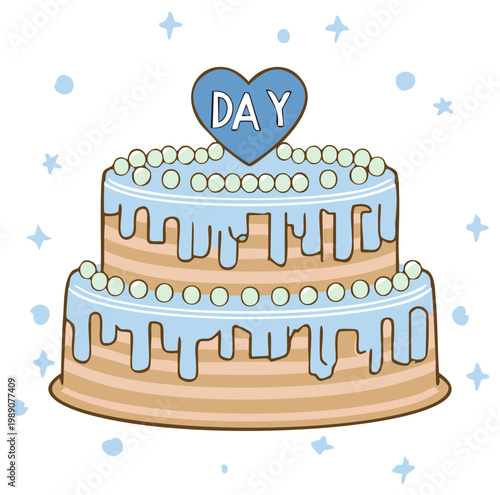 Cartoon Two Layer Cake With Blue Icing and Heart Decoration