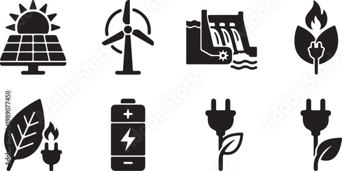 Renewable energy sources icons with sun wind water and leaf power Isolated on white background
