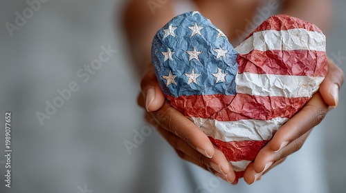 Hands holding a crumpled paper heart painted with the American flag. A poignant symbol of patriotism, national identity, and heartfelt love for the USA against a soft, blurred background.