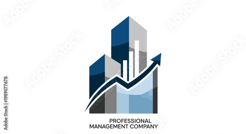 Dynamic corporate success and professional management firm logo featuring rising financial charts over stylized urban buildings, symbolizing growth, investment, and strategic business development