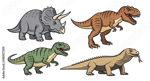 Four different dinosaurs illustrated in a cartoon style.