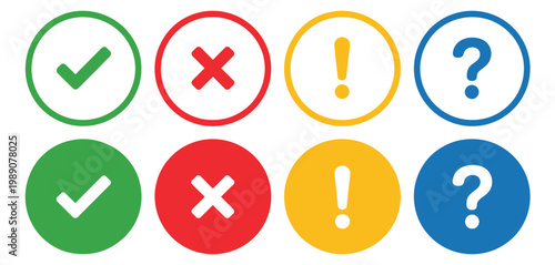 Checklist vector icon set in different colour, tick, cross, exclamation point, and question mark sign symbols, true and false, yes or no sign symbols, clean vector illustration for task lists