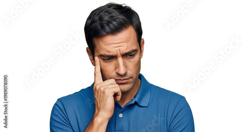Thoughtful man with finger on his chin, contemplating deeply, seeking answers and solutions
