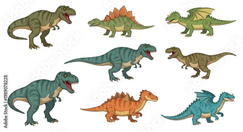 Collection of nine different dinosaur illustrations on a white background.