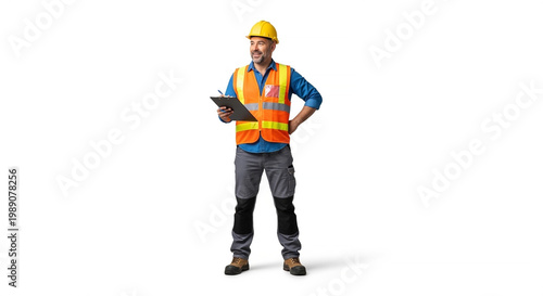 A construction worker wearing a hard hat and safety vest, holding a clipboard and looking to the side with a smile