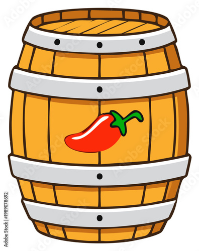 Wooden Barrel with Red Chili Pepper Illustration