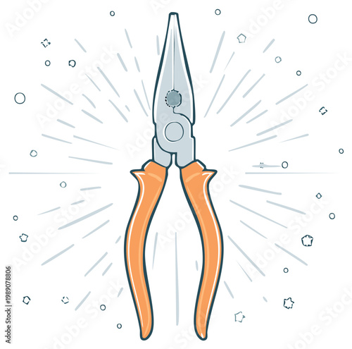 Needle nose pliers hand tool with orange handles on a white background. Repair work instrument.
