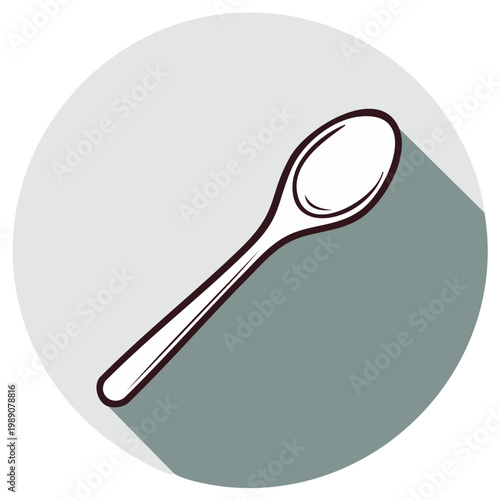 Clean linear illustration of a single spoon with a long shadow on a grey circle