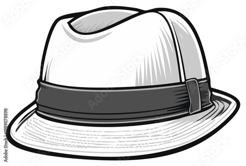 Retro fedora hat illustration, grayscale design, fashion accessory.
