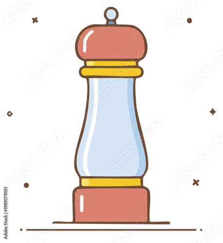 Stylish spice mill with light-blue translucent glass, reddish accents, gold trim for grinding spices, seasonings, herbs in cooking