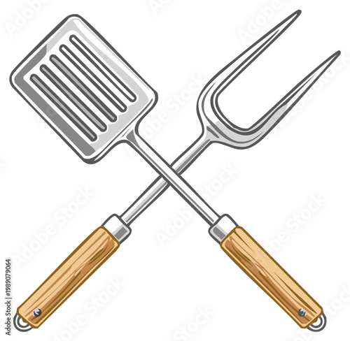 Classic Crossed Barbecue Spatula and Meat Fork Utensils Vector Design