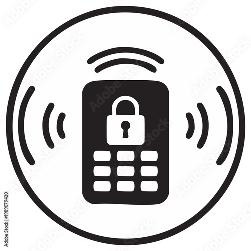 Secure device sending signals lock icon with keypad and radiating waves