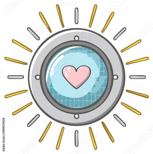 Circular porthole window with a pink heart symbol and radiating light beams