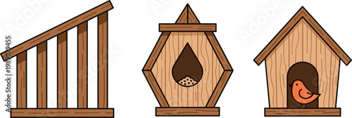 Bild auf Leinwand Wooden bird feeder and birdhouse set with different designs rustic garden elemen