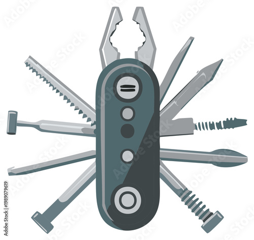 Multitool vector illustration with various tools isolated