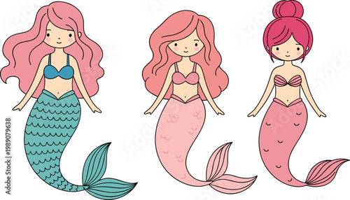Cute mermaid characters set with different hairstyles and colorful tails cartoon fantasy sea girls illustration isolated on white background