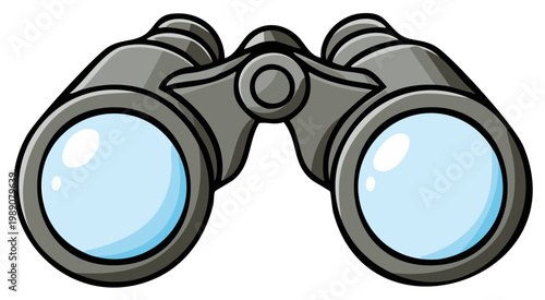 A simple cartoon illustration of a pair of gray binoculars for observation and discovery