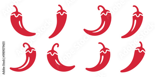 Chili pepper icons in a simple red silhouette style, with different shapes and designs, collection of spicy pepper symbols in minimal