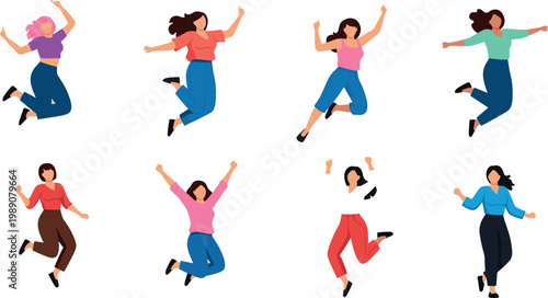 Happy jumping women set with casual outfits dynamic poses energetic movement flat style people illustration isolated on white background